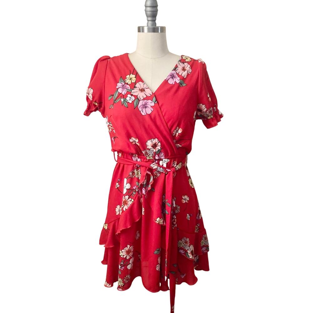 Purple Snow Women's Mini Dress Size M Red Floral Flounce Belt V-Neck